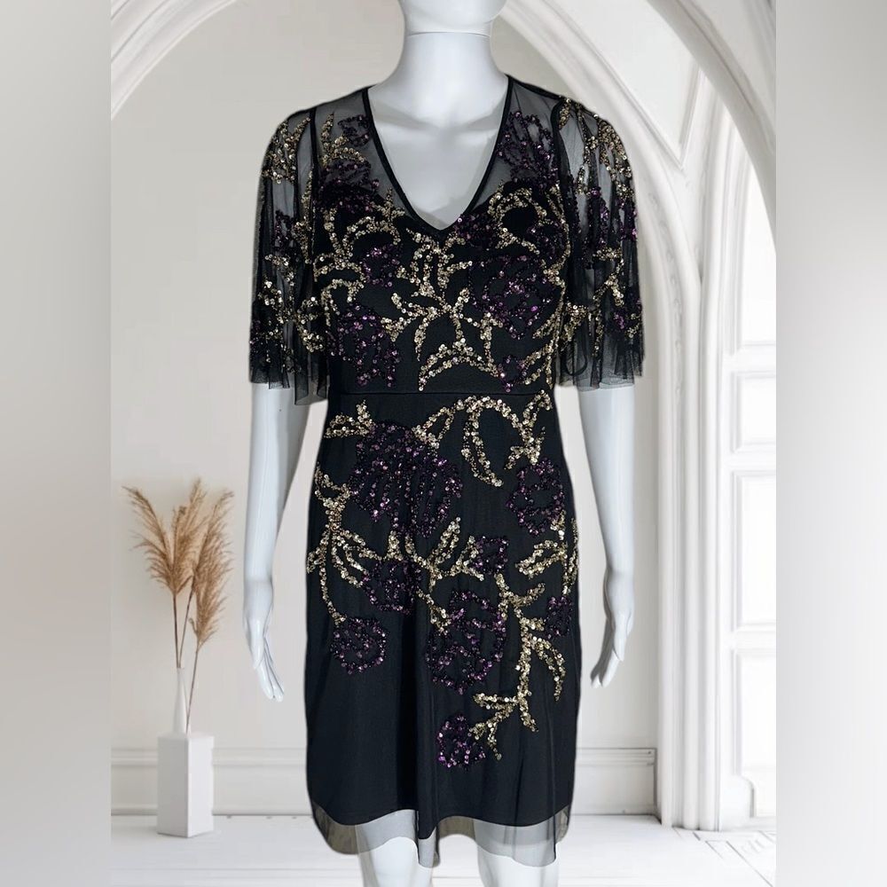 Aidan Mattox Embellished Black Flutter-Sleeve Mini Cocktail Dress‎